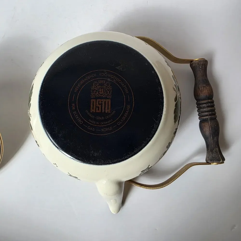 Vintage ASTA Germany Enamel Tea Kettle With Warmer Stand Floral Mid Century